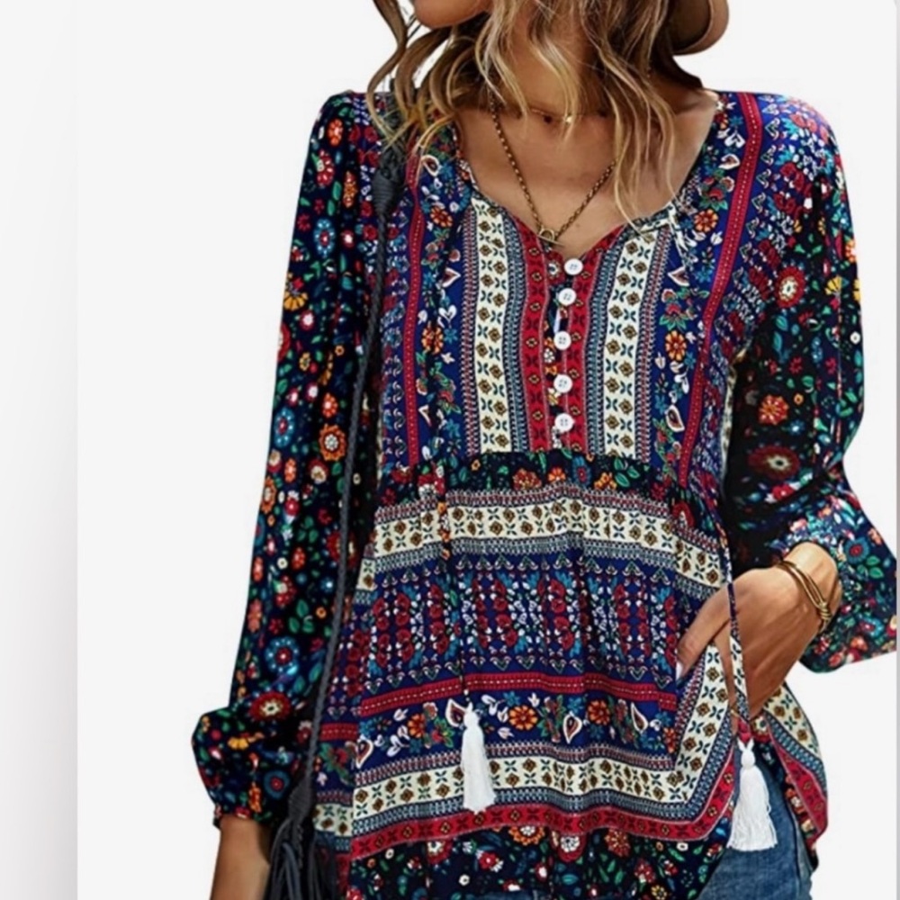 Bohemian  Floral Long Sleeve Top L